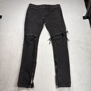 MNML Slim  Men Jeans Size 33 Black Distressed Taper Denim Ankle Zip 100% Cotton